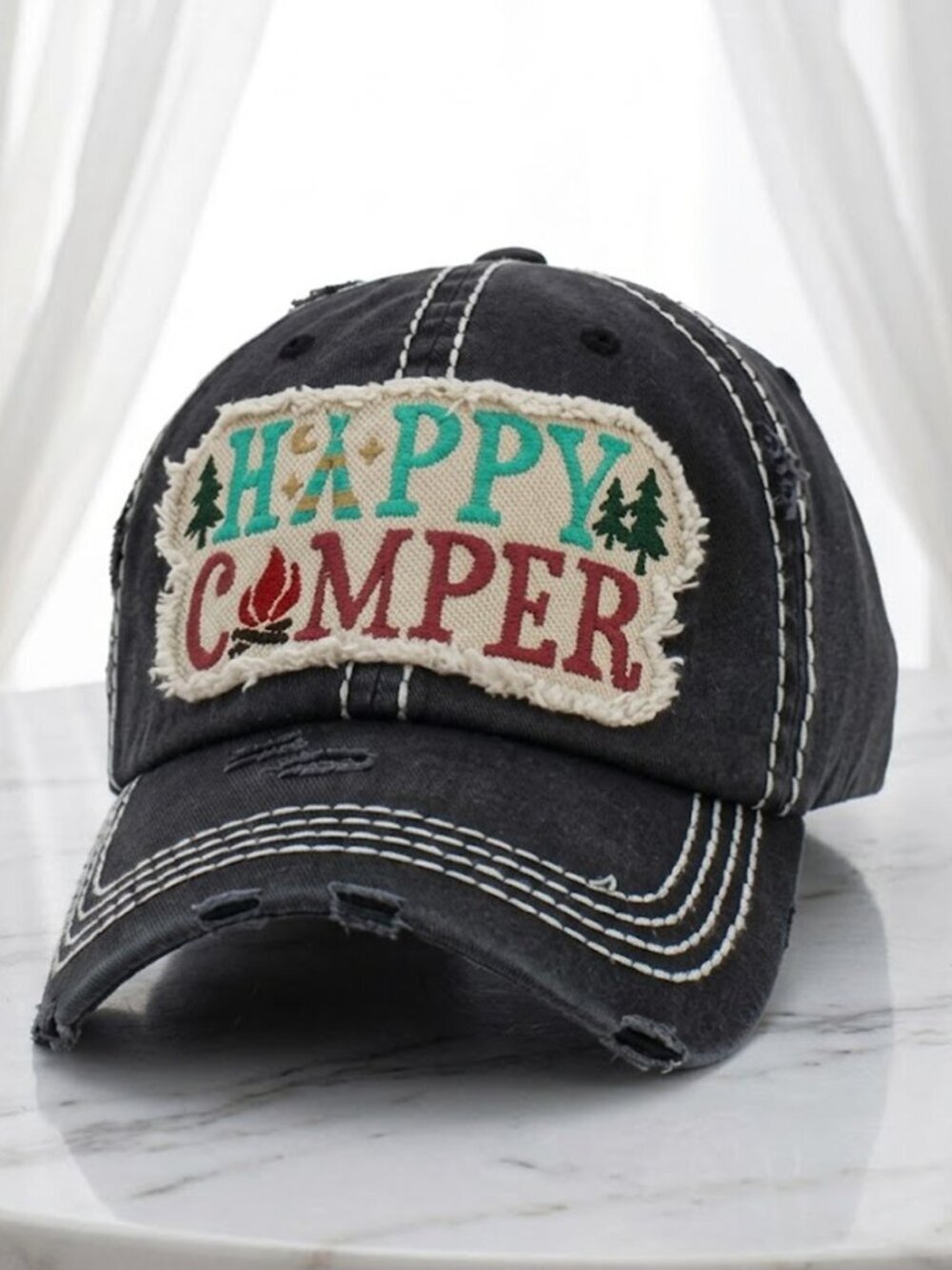 Ladies Black Happy Camper Baseball Hat - Picture 2 of 7